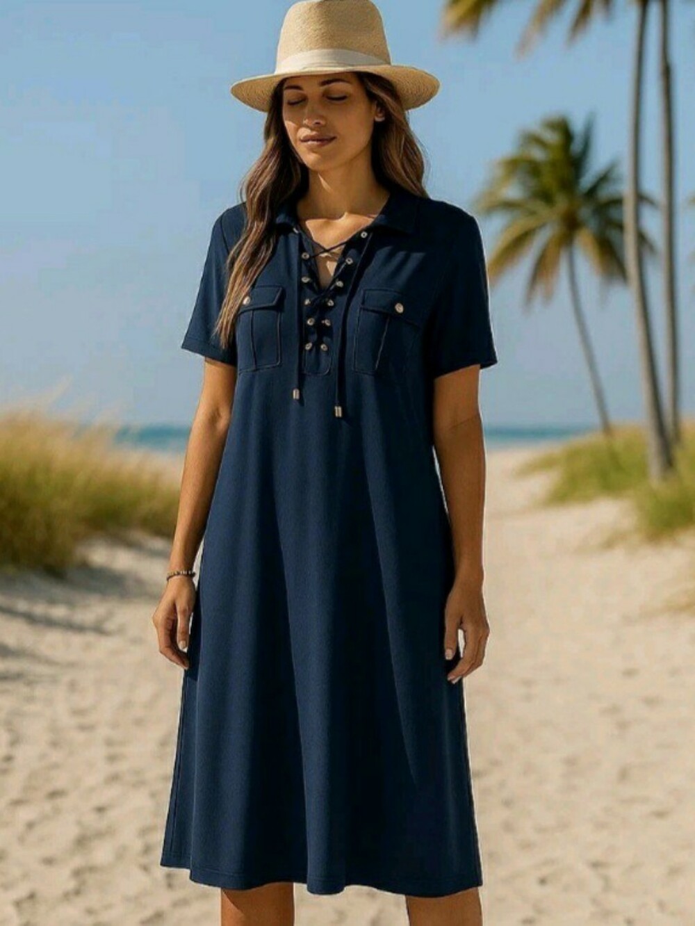Chico's Navy Blue and Gold Hardware Lace Up Short Sleeve Midi Shirt Dress 10 M
